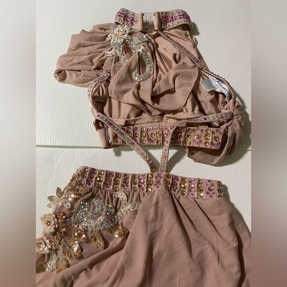 Glamour solo dance costume blush mauve rhinestone bling 2 piece stoned LC child - Picture 4 of 10